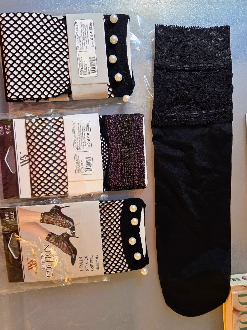 x4: Wang Shang Socks from France Black Fishnet Pearls + Purple Lurex + Lace